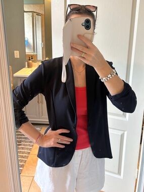 Navy Blazer | Soft Stretch | Single-Button |  3/4 Sleeve Blazer Jacket